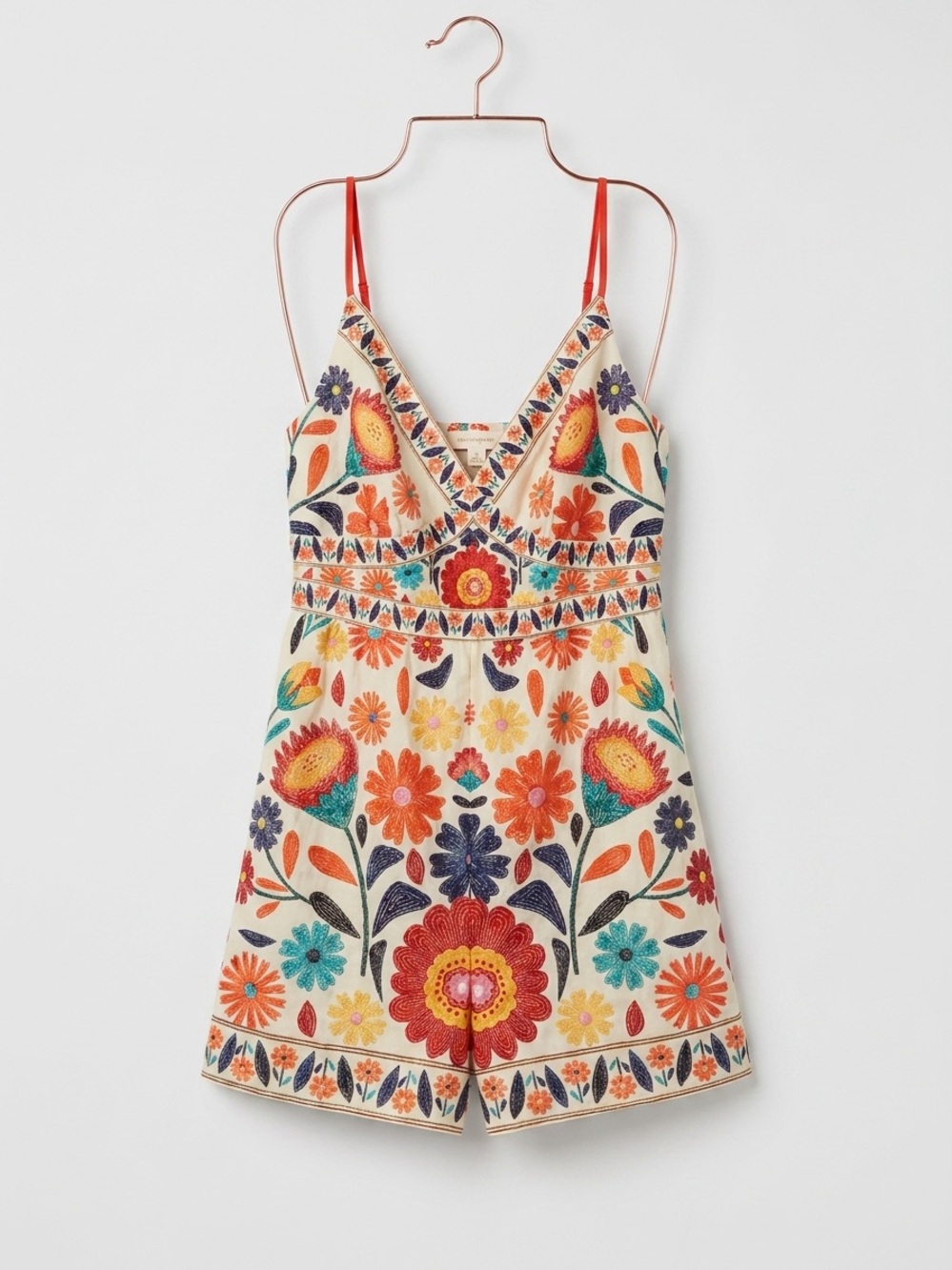 Embroidered Floral V-Neck Romper with Red Straps